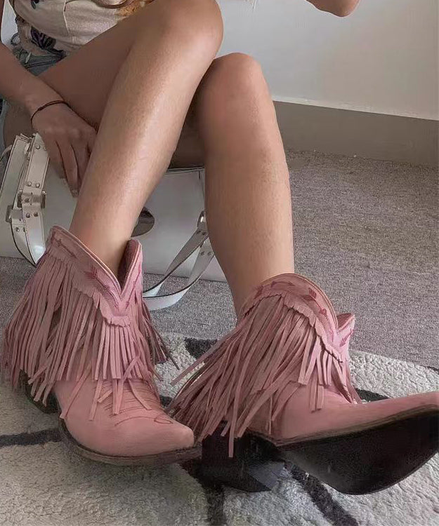 Boho Splicing Chunky Boots Embroidered Pink Faux Leather