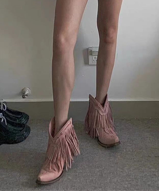 Boho Splicing Chunky Boots Embroidered Pink Faux Leather