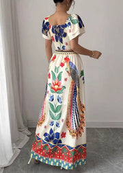 Boho Square Collar Print Top And Maxi Skirts Two Piece Set Summer