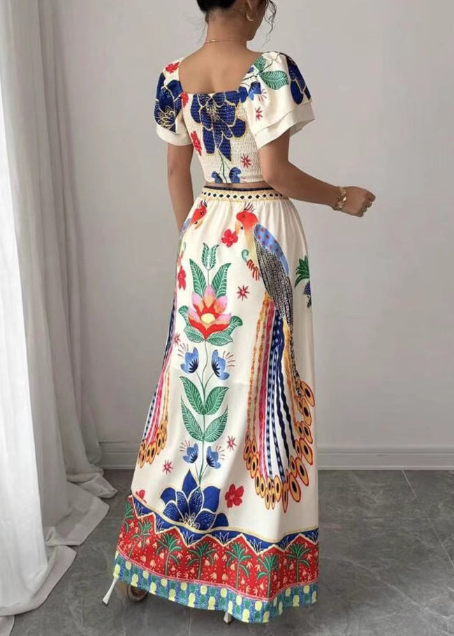 Boho Square Collar Print Top And Maxi Skirts Two Piece Set Summer