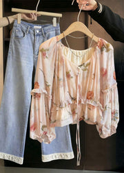 Boho V Neck Tie Lace Print Ruffled Shirts Fall
