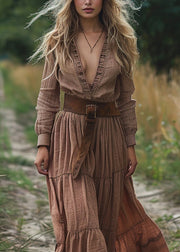 Boho V Neck Wrinkled Patchwork Cotton Long Dress Spring