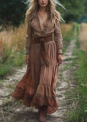 Boho V Neck Wrinkled Patchwork Cotton Long Dress Spring