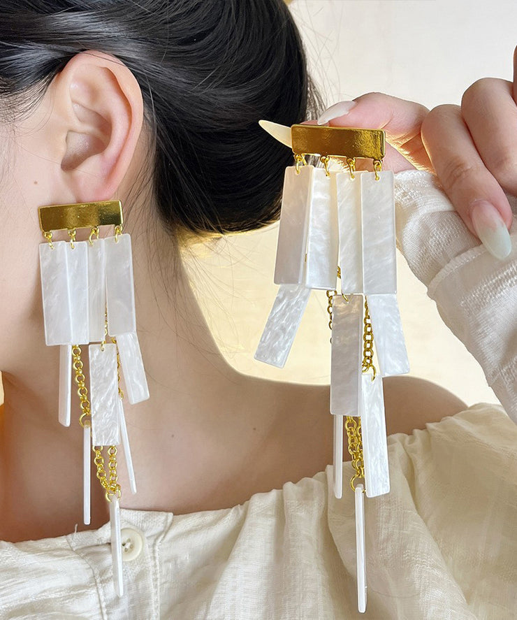 Boho White Alloy Acrylic Tassel Drop Earrings
