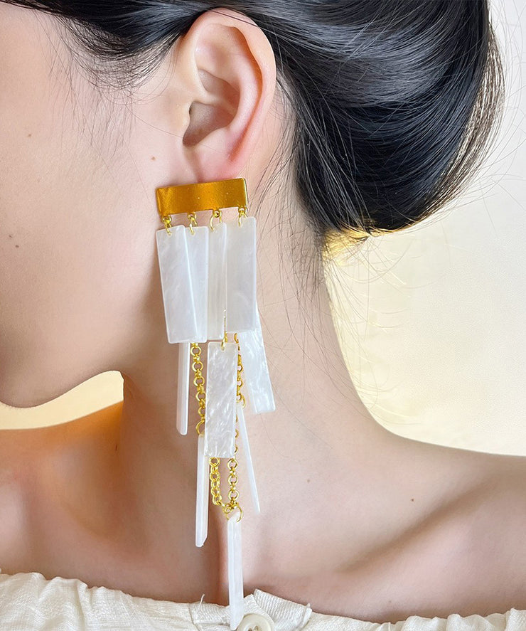 Boho White Alloy Acrylic Tassel Drop Earrings