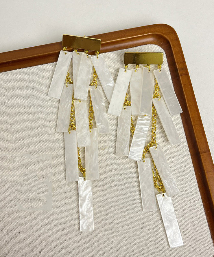 Boho White Alloy Acrylic Tassel Drop Earrings