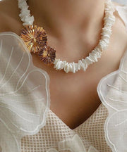 Boho White Alloy Asymmetrical Shell Wrinkled Gratuated Bead Necklace