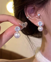 Boho White Alloy Zircon Pearl Stud Earrings