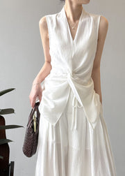 Boho White Asymmetrical Silm Fit Linen Two Pieces Set Sleeveless