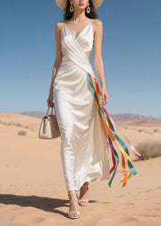 Boho White Cold Waist Multicolour Ribbon Silk Vestidos Dress Summer
