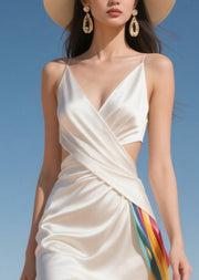 Boho White Cold Waist Multicolour Ribbon Silk Vestidos Dress Summer