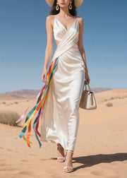 Boho White Cold Waist Multicolour Ribbon Silk Vestidos Dress Summer