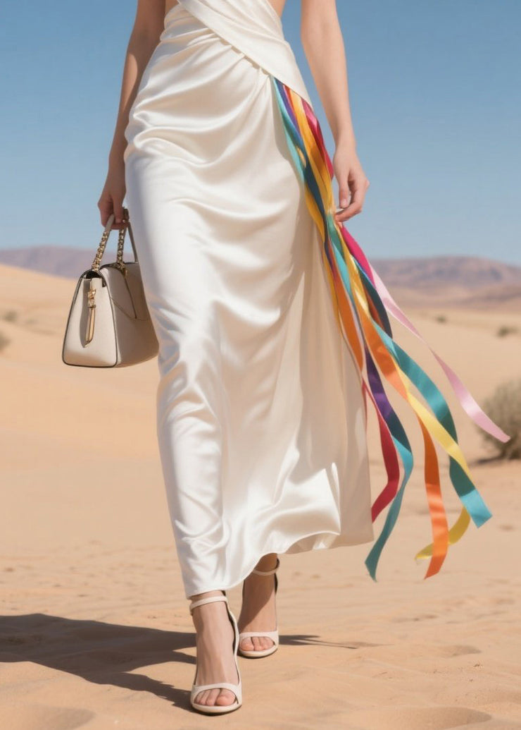Boho White Cold Waist Multicolour Ribbon Silk Vestidos Dress Summer