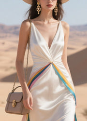 Boho White Draping Patchwork Multicolour Ribbon Silk Party Dress Summer
