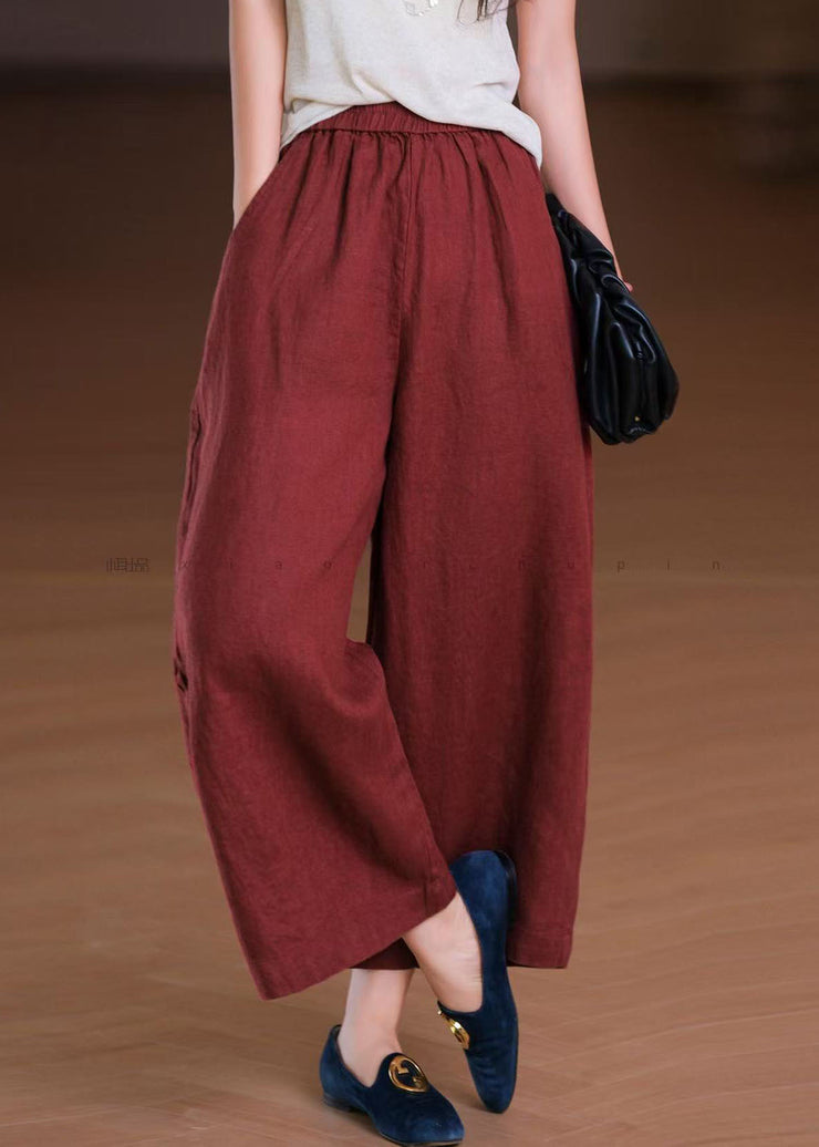Boho White Elastic Waist Pockets Linen Wide Leg Pants Summer