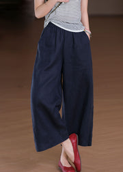 Boho White Elastic Waist Pockets Linen Wide Leg Pants Summer