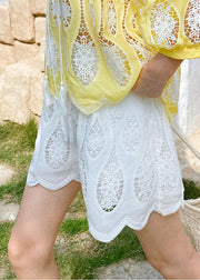 Boho White Embroidered Elastic Waist Cotton Shorts Summer