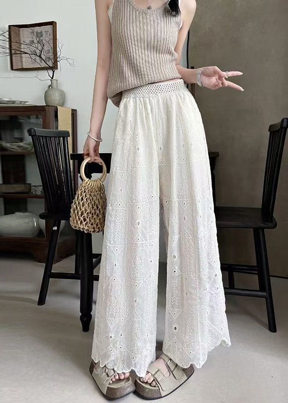 Boho White Embroidered Hollow Out Cotton Pants Summer
