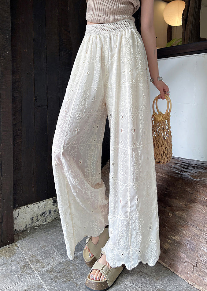 Boho White Embroidered Hollow Out Cotton Pants Summer