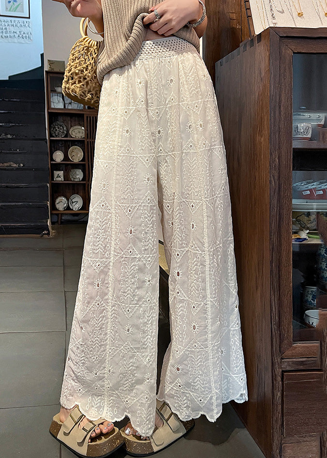 Boho White Embroidered Hollow Out Cotton Pants Summer