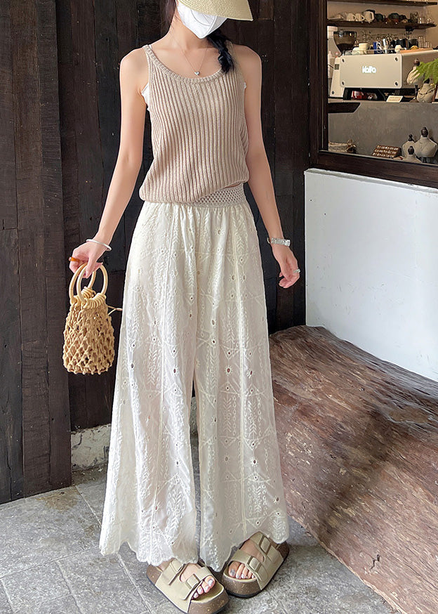Boho White Embroidered Hollow Out Cotton Pants Summer
