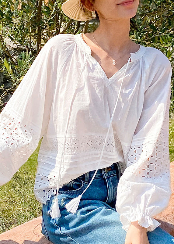 Boho White Hollow Out Lace Up Cotton Shirt Butterfly Sleeve