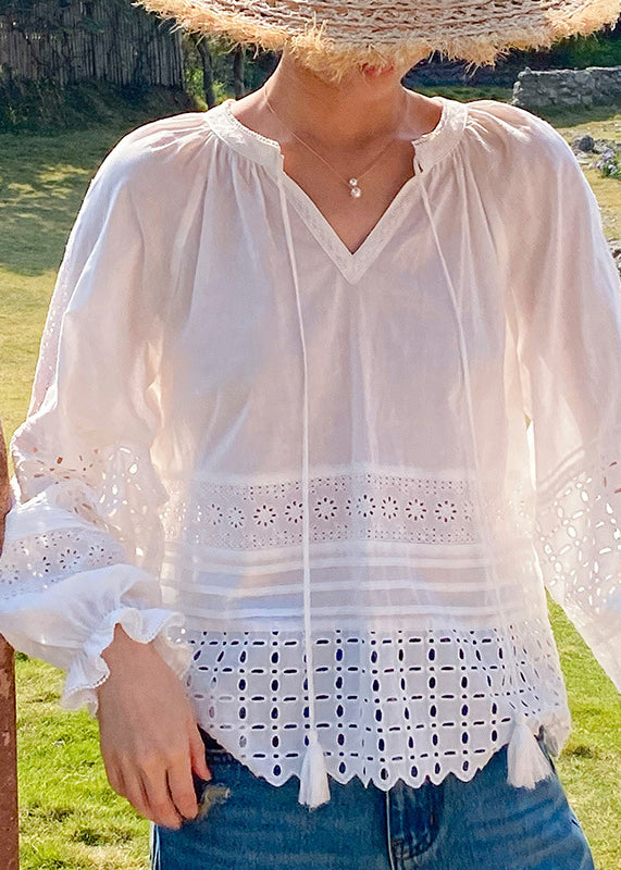 Boho White Hollow Out Lace Up Cotton Shirt Butterfly Sleeve