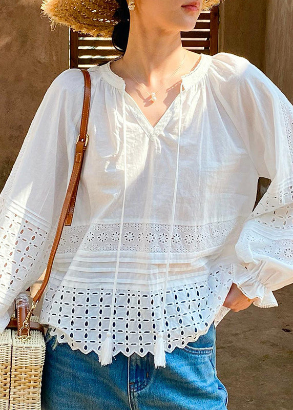 Boho White Hollow Out Lace Up Cotton Shirt Butterfly Sleeve