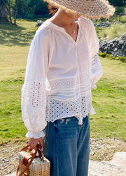 Boho White Hollow Out Lace Up Cotton Shirt Butterfly Sleeve