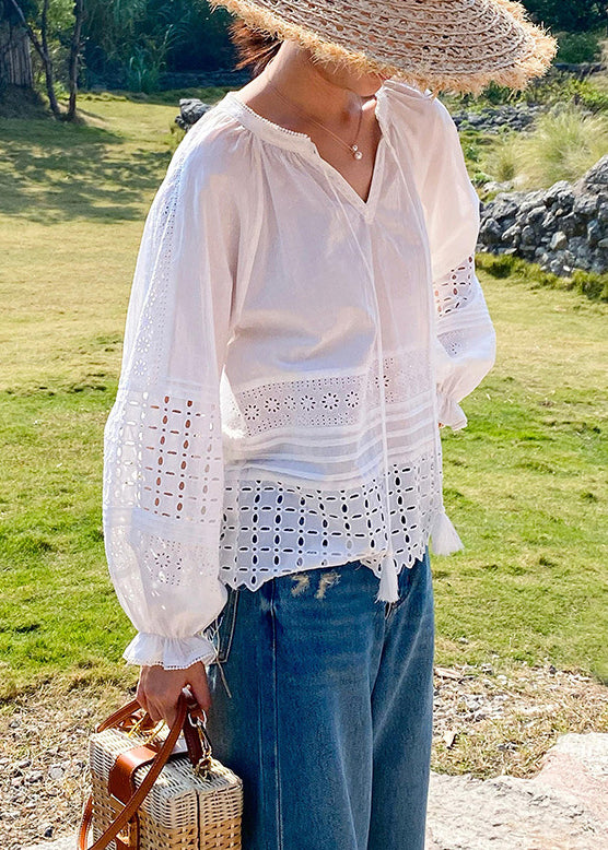 Boho White Hollow Out Lace Up Cotton Shirt Butterfly Sleeve