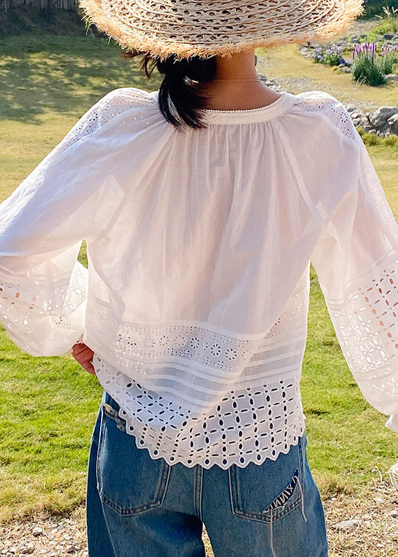 Boho White Hollow Out Lace Up Cotton Shirt Butterfly Sleeve