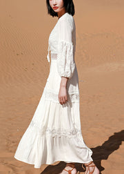 Boho White Lace Hollow Out Long Dress Puff Sleeve