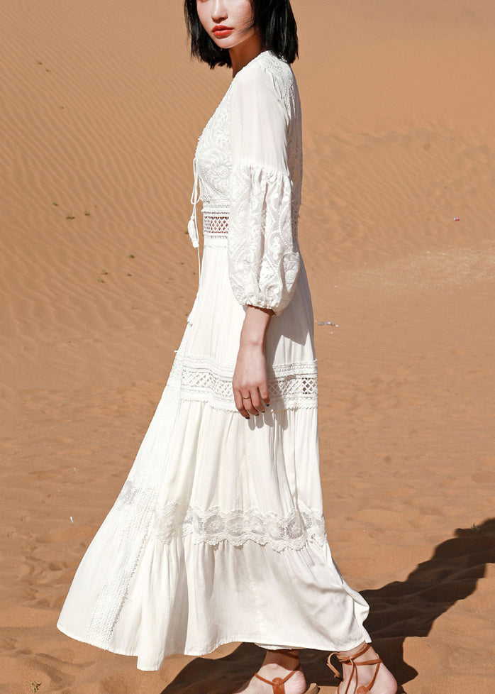Boho White Lace Hollow Out Long Dress Puff Sleeve
