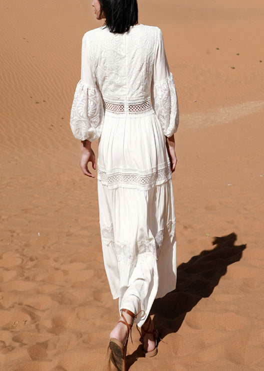Boho White Lace Hollow Out Long Dress Puff Sleeve