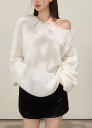 Boho White Oversized Floral Decorated Knit TopS Fall