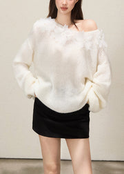 Boho White Oversized Floral Decorated Knit TopS Fall