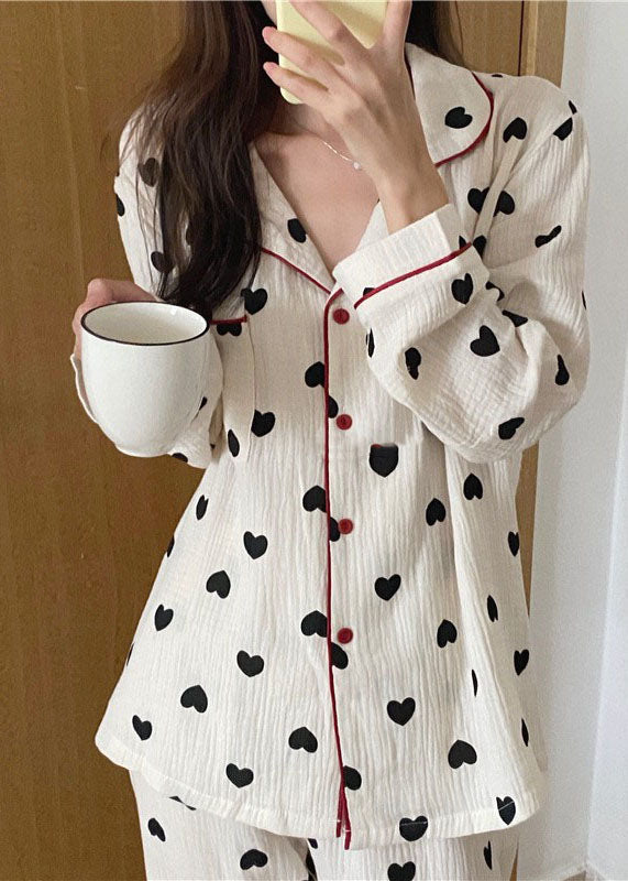 Boho White Oversized Love Print Cotton Womens Pajama Sets Fall