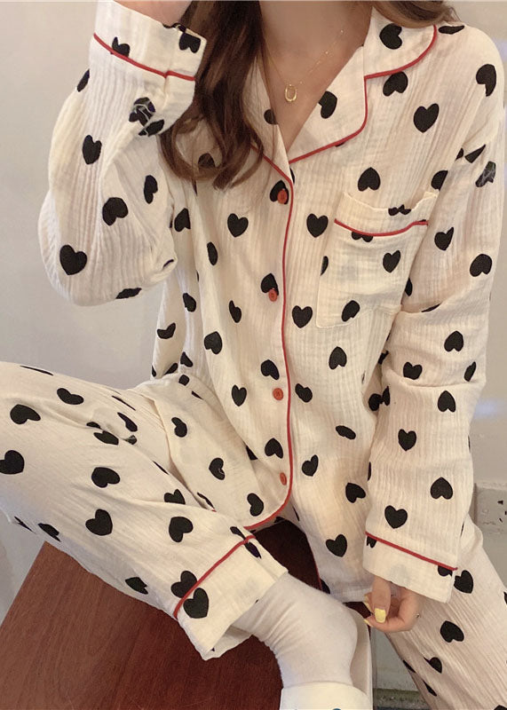 Boho White Oversized Love Print Cotton Womens Pajama Sets Fall