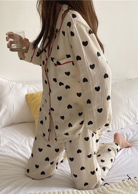 Boho White Oversized Love Print Cotton Womens Pajama Sets Fall