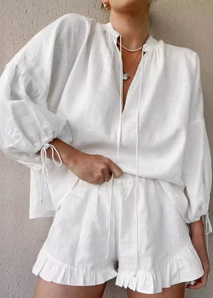 Boho White Oversized Ruffled Cotton Women Sets 2 Pieces Summer
