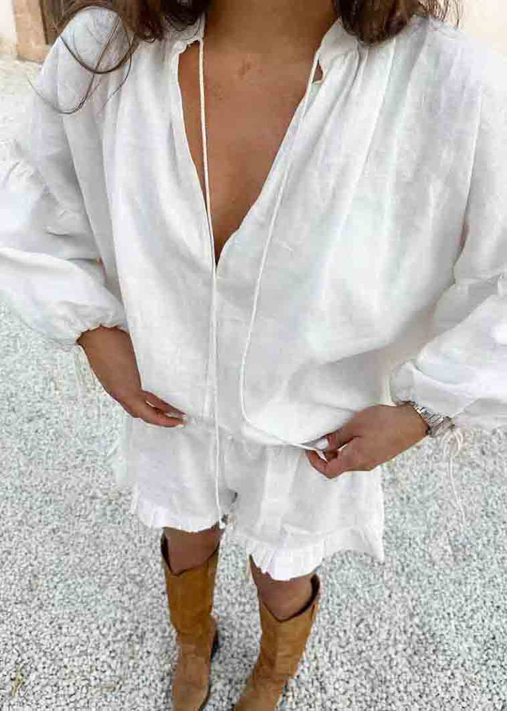 Boho White Oversized Ruffled Cotton Women Sets 2 Pieces Summer