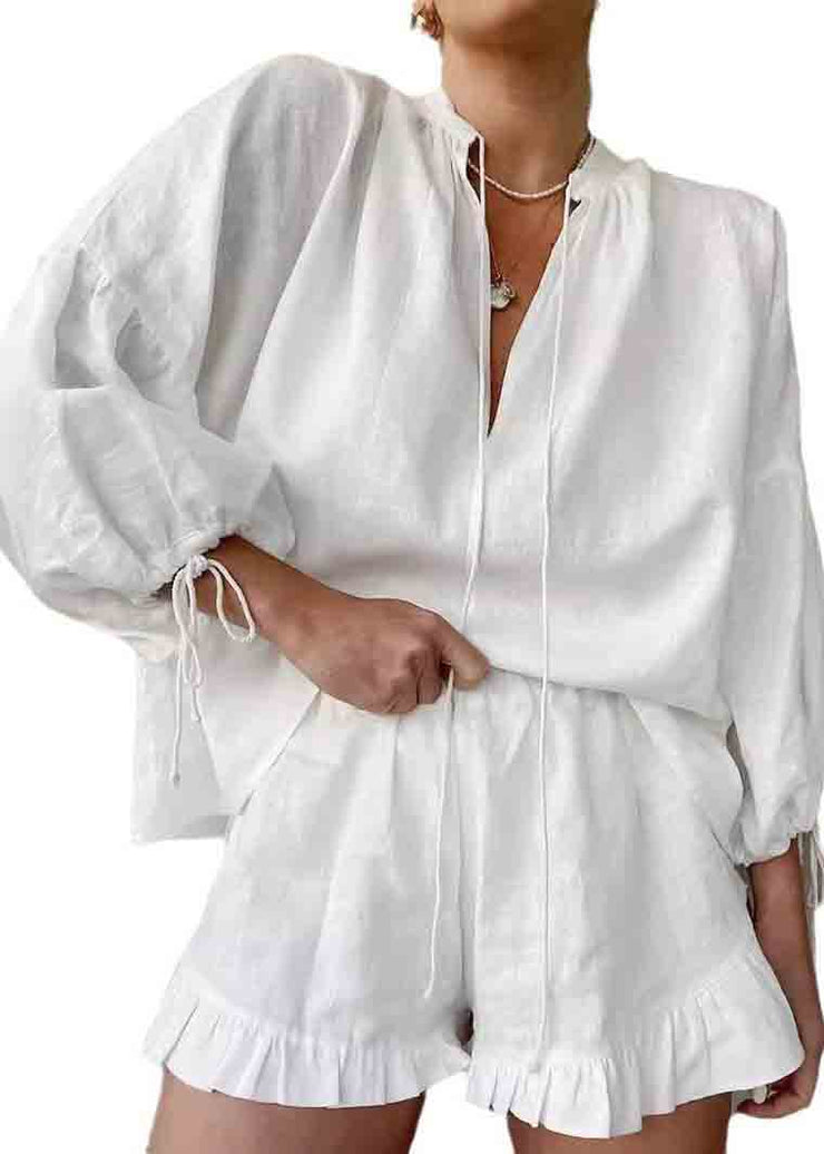 Boho White Oversized Ruffled Cotton Women Sets 2 Pieces Summer