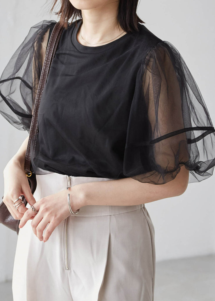 Boho White Puff Sleeve Patchwork Tulle Tanks Summer