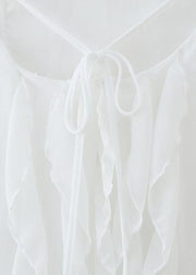 Boho White Ruffled Backless Lace Up Chiffon Maxi Dress Sleeveless