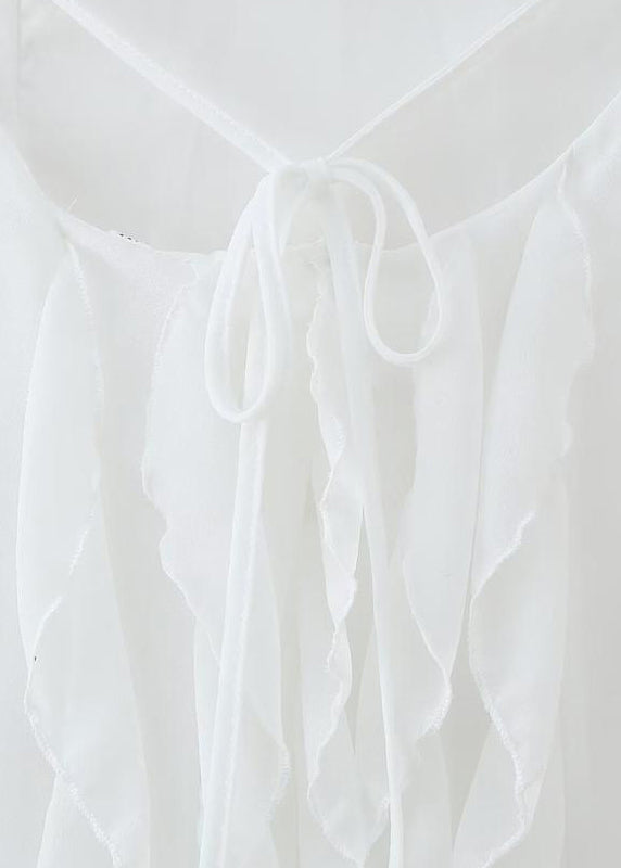 Boho White Ruffled Backless Lace Up Chiffon Maxi Dress Sleeveless