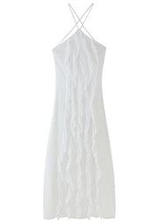 Boho White Ruffled Backless Lace Up Chiffon Maxi Dress Sleeveless