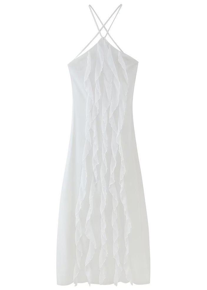 Boho White Ruffled Backless Lace Up Chiffon Maxi Dress Sleeveless
