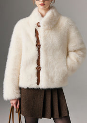 Boho White Stand Collar Patchwork Warm Faux Fox Fur Jacket Winter