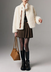 Boho White Stand Collar Patchwork Warm Faux Fox Fur Jacket Winter