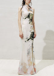 Boho White Stand Collar Print Tulle Two Pieces Set Sleeveless